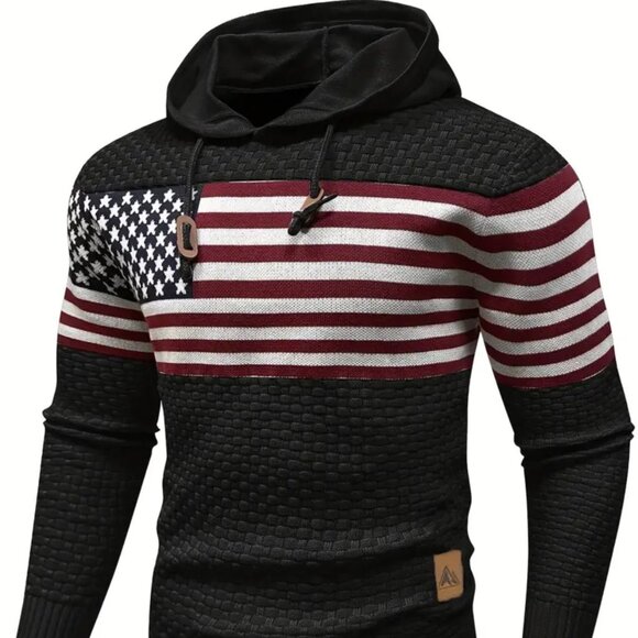 Other - Men Hooded American Stars Stripes Knit Sweater With Long Sleeve And Draw - Large